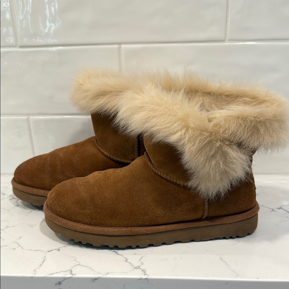 UGG Tan Ankle Booties with Cream Fur Trim